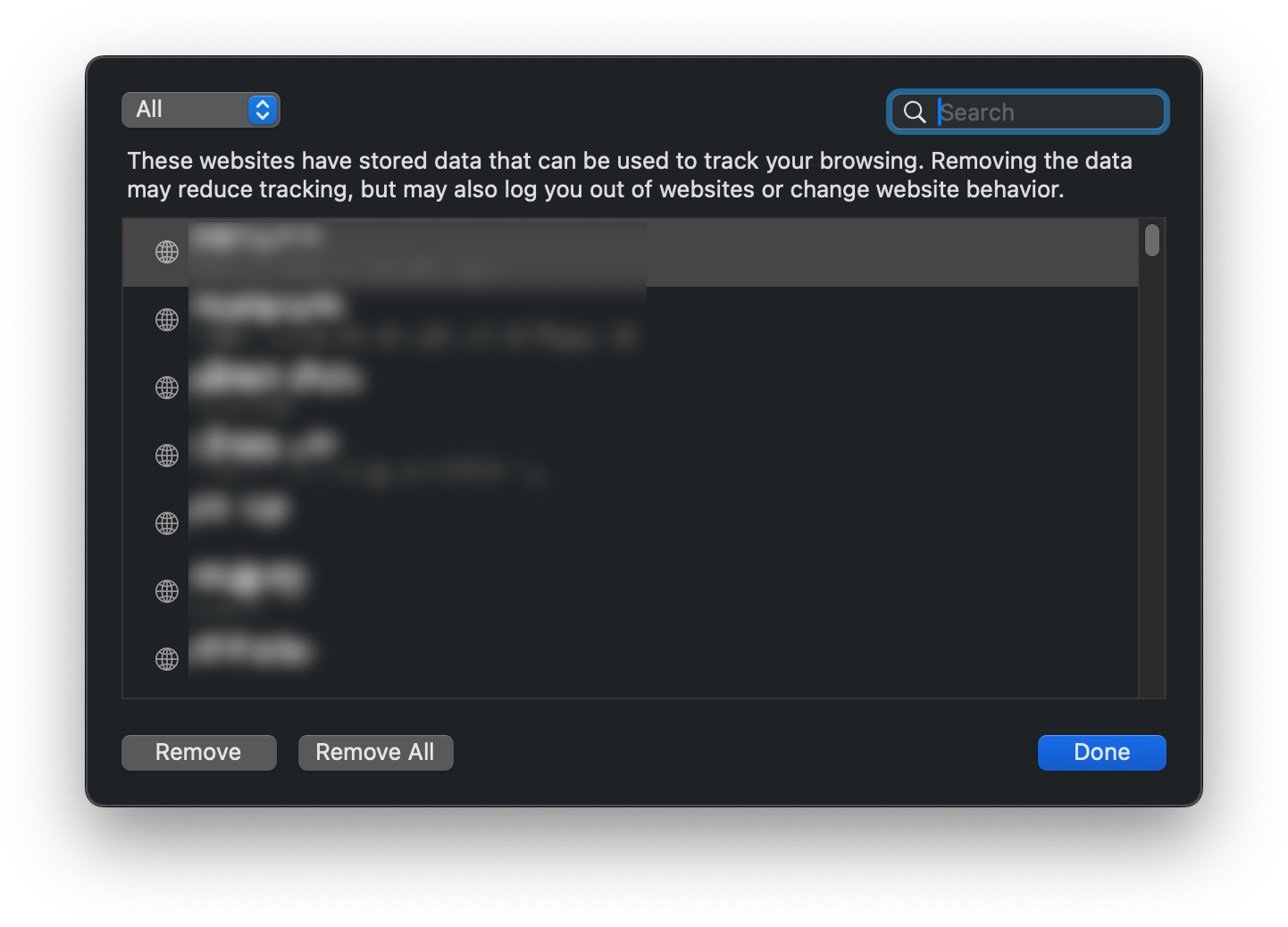 Manage Website Data window