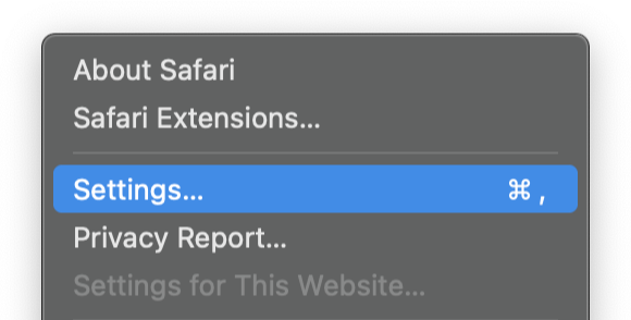 Safari Menu with Settings selected