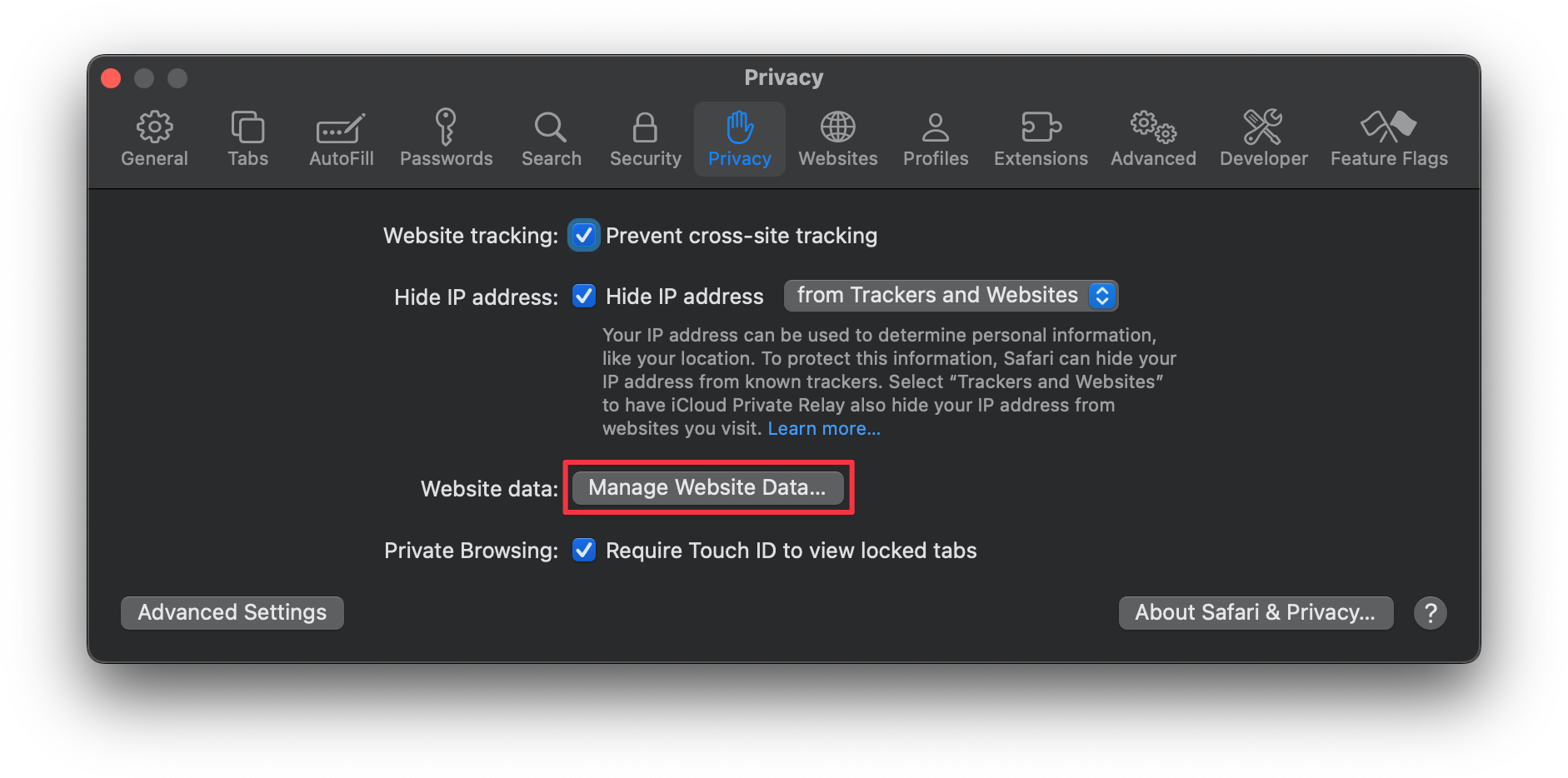 Privacy Tab in Safari Settings window